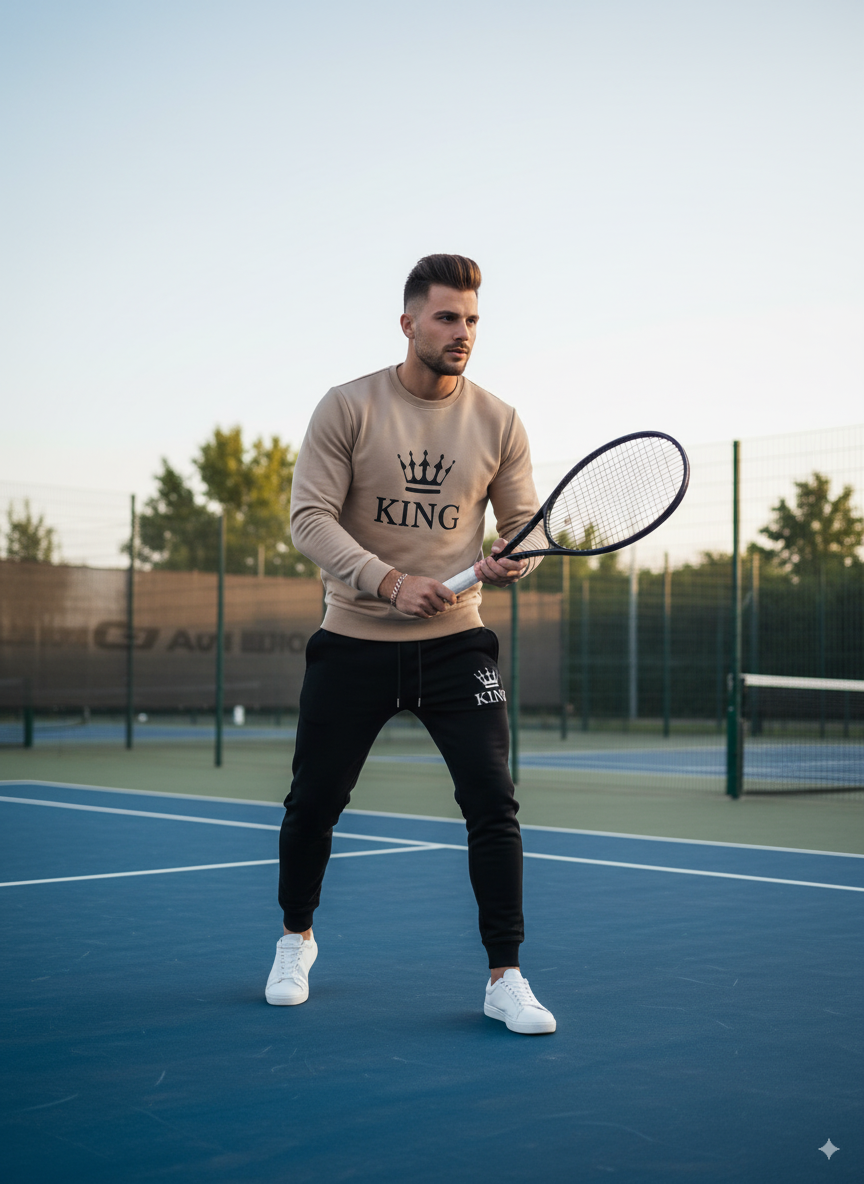 Men’s Dri-Fit Printed Track Suit – 2 Pcs, Brown, Round Neck